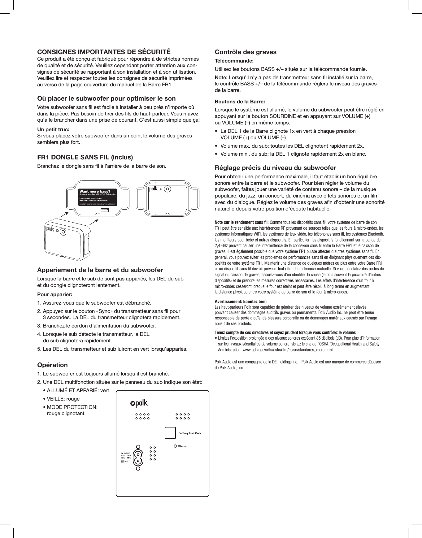Polk Audio Pswi225 Wireless Subwoofer User Manual